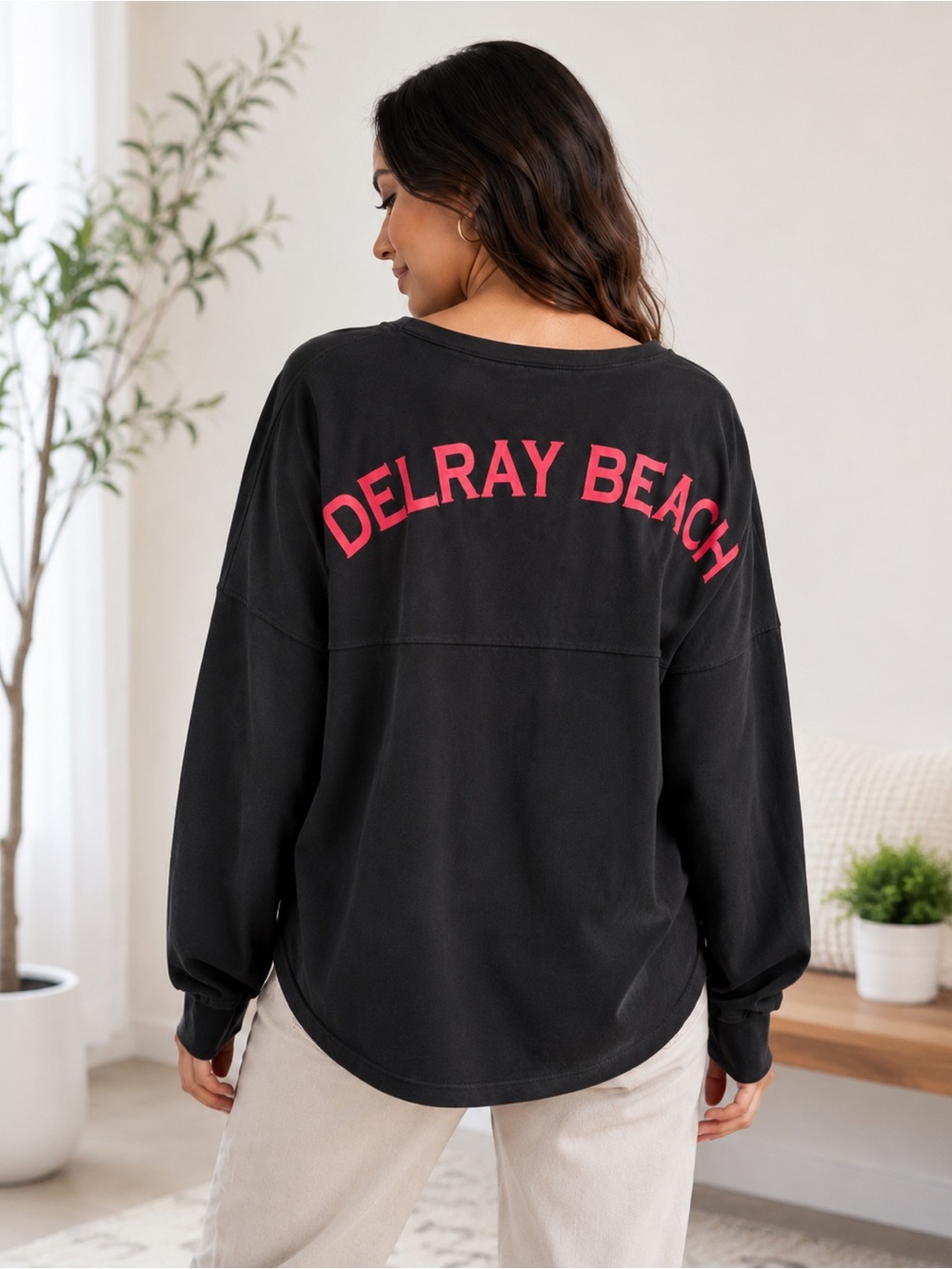 Black Spirit Jersey Oversized Crewneck Pullover with Pink DELRAY BEACH Sz L